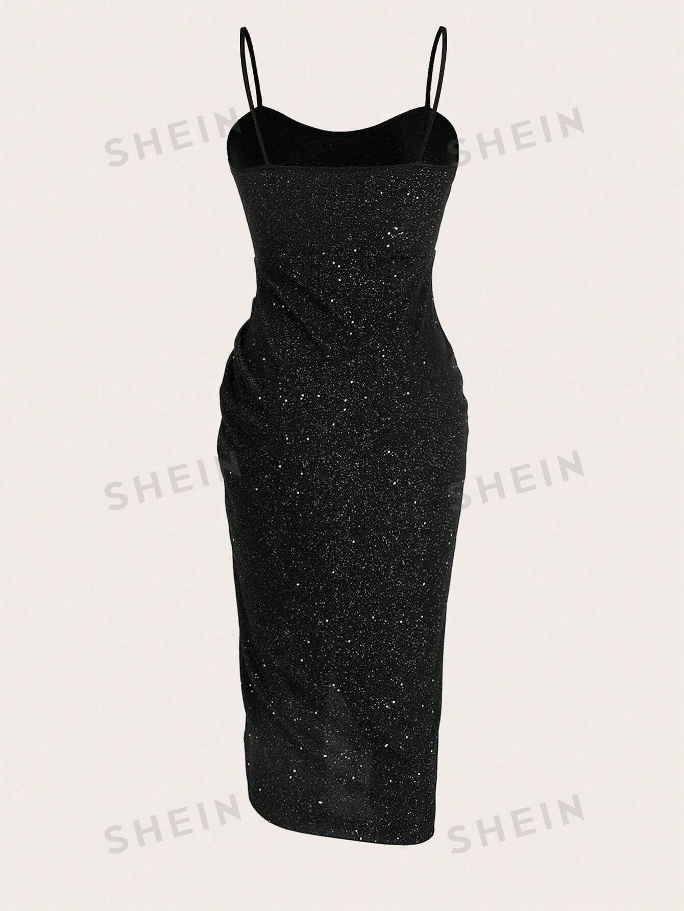 BAE Sexy Bodycon Dress With Spaghetti Straps, Backless Design, Ruched Detail, Slit And Sparkling Sequins - Negative Apparel