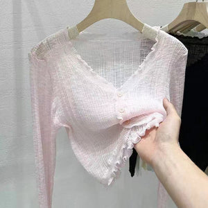 Bamboo hemp knitted sunscreen cardigan Thin women's summer suspender shawl French outer blouse Small vest jacket - Negative Apparel