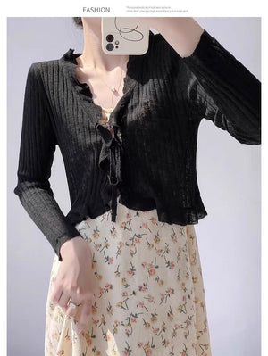 Bamboo hemp lotus leaf edge knitted cardigan women's summer thin outer matching suspender skirt sunscreen shirt jacket top women's - Negative Apparel