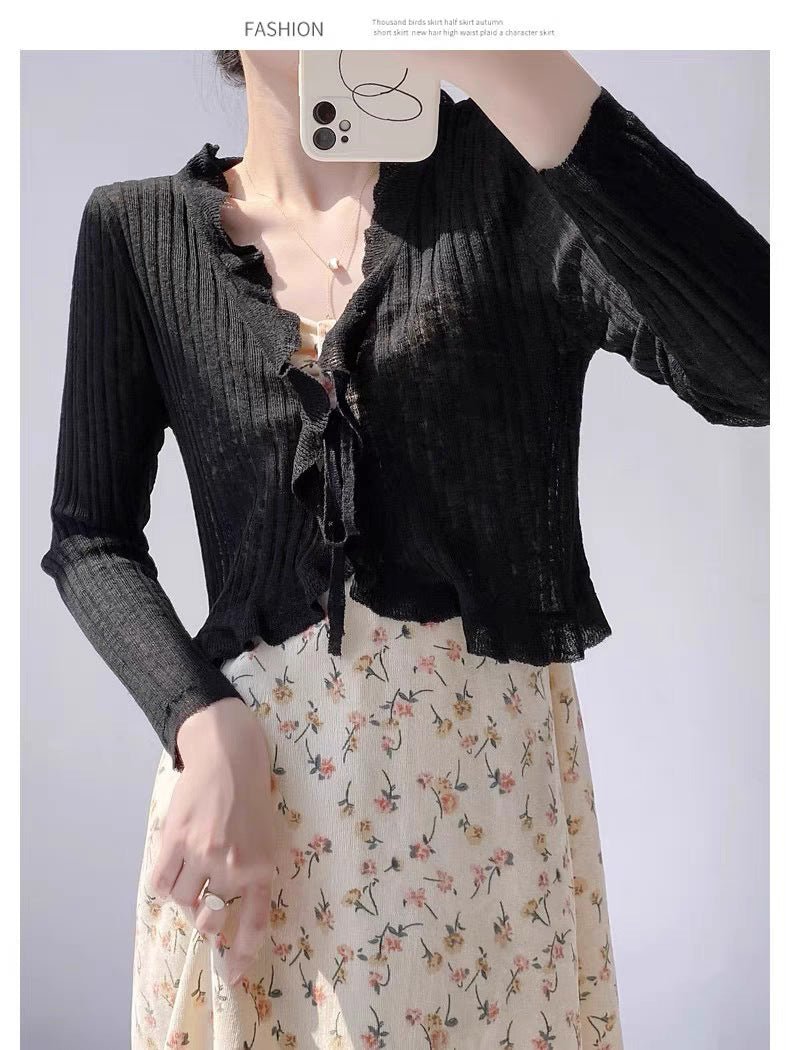 Bamboo hemp lotus leaf edge knitted cardigan women's summer thin outer matching suspender skirt sunscreen shirt jacket top women's - Negative Apparel