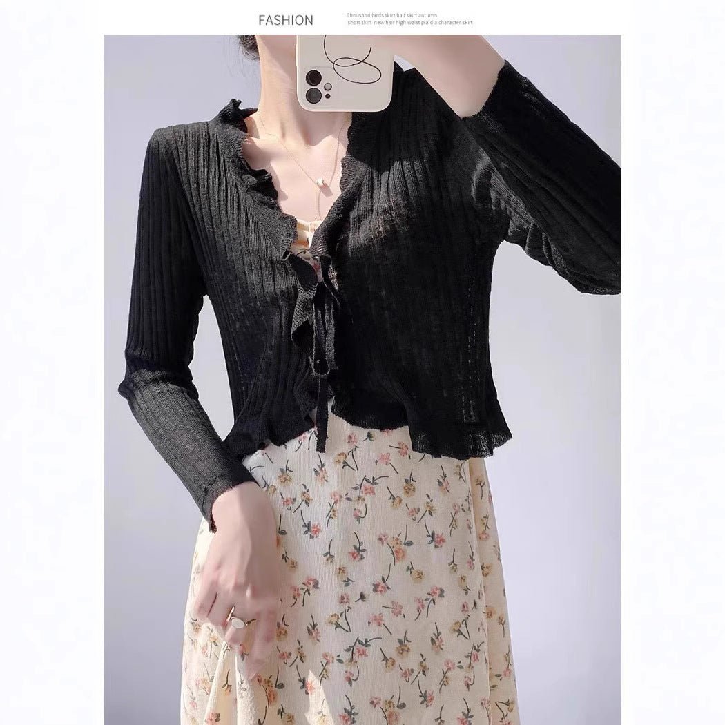 Bamboo hemp lotus leaf edge knitted cardigan women's summer thin outer matching suspender skirt sunscreen shirt jacket top women's - Negative Apparel