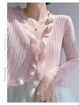 Bamboo hemp lotus leaf edge knitted cardigan women's summer thin outer matching suspender skirt sunscreen shirt jacket top women's - Negative Apparel