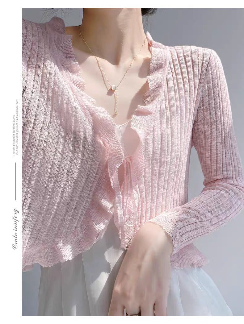 Bamboo hemp lotus leaf edge knitted cardigan women's summer thin outer matching suspender skirt sunscreen shirt jacket top women's - Negative Apparel