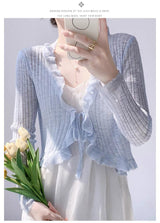 Bamboo hemp lotus leaf edge knitted cardigan women's summer thin outer matching suspender skirt sunscreen shirt jacket top women's - Negative Apparel