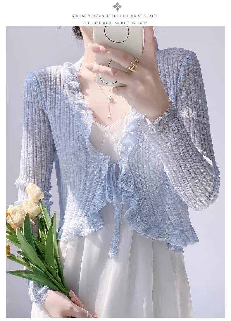 Bamboo hemp lotus leaf edge knitted cardigan women's summer thin outer matching suspender skirt sunscreen shirt jacket top women's - Negative Apparel
