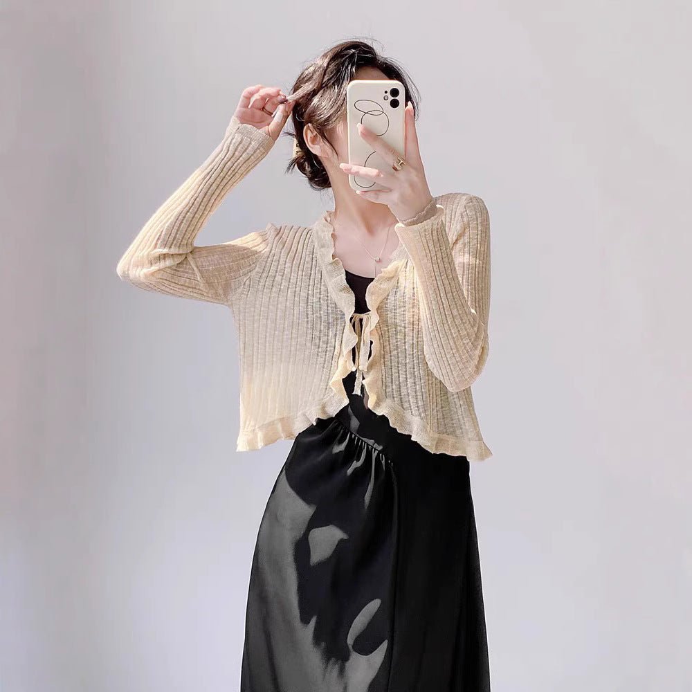 Bamboo hemp lotus leaf edge knitted cardigan women's summer thin outer matching suspender skirt sunscreen shirt jacket top women's - Negative Apparel