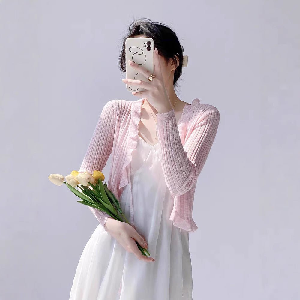 Bamboo hemp lotus leaf edge knitted cardigan women's summer thin outer matching suspender skirt sunscreen shirt jacket top women's - Negative Apparel