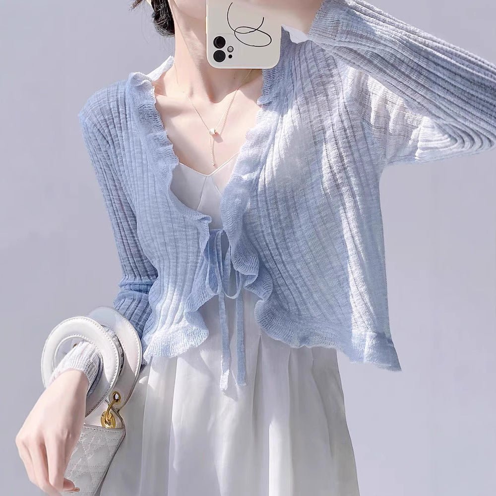 Bamboo hemp lotus leaf edge knitted cardigan women's summer thin outer matching suspender skirt sunscreen shirt jacket top women's - Negative Apparel