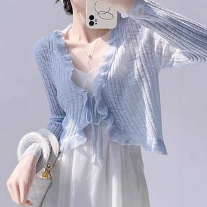 Bamboo hemp lotus leaf edge knitted cardigan women's summer thin outer matching suspender skirt sunscreen shirt jacket top women's - Negative Apparel