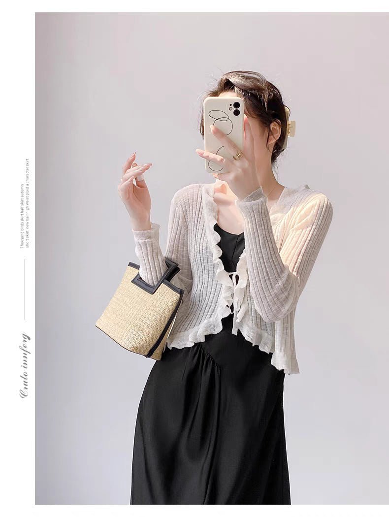 Bamboo hemp lotus leaf edge knitted cardigan women's summer thin outer matching suspender skirt sunscreen shirt jacket top women's - Negative Apparel