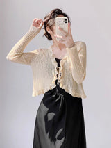 Bamboo hemp lotus leaf edge knitted cardigan women's summer thin outer matching suspender skirt sunscreen shirt jacket top women's - Negative Apparel