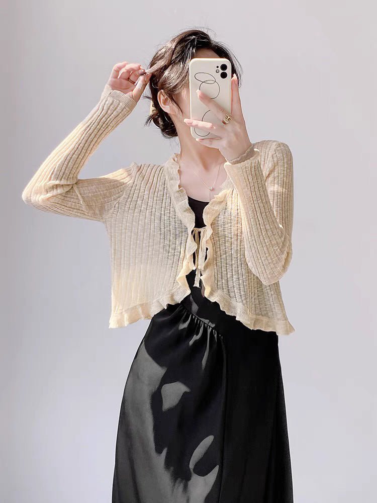 Bamboo hemp lotus leaf edge knitted cardigan women's summer thin outer matching suspender skirt sunscreen shirt jacket top women's - Negative Apparel