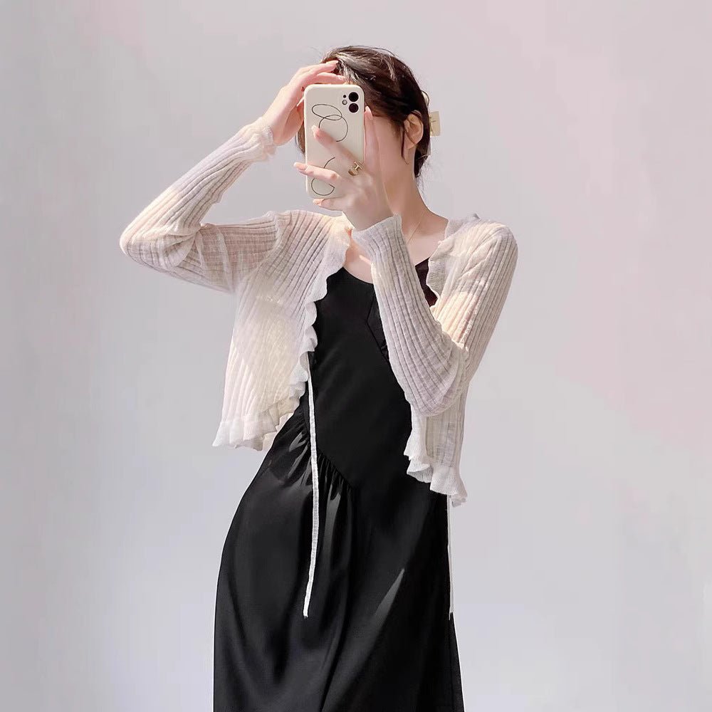 Bamboo hemp lotus leaf edge knitted cardigan women's summer thin outer matching suspender skirt sunscreen shirt jacket top women's - Negative Apparel