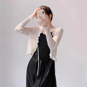 Bamboo hemp lotus leaf edge knitted cardigan women's summer thin outer matching suspender skirt sunscreen shirt jacket top women's - Negative Apparel