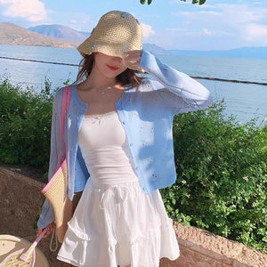 Bamboo hemp sunscreen cardigan women's summer new thin style with suspender skirt outside with small blouse knitted jacket top women - Negative Apparel