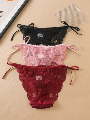 Basics 3pcs Women's Lace Thong Panties With Side Ties And Floral Details - Negative Apparel