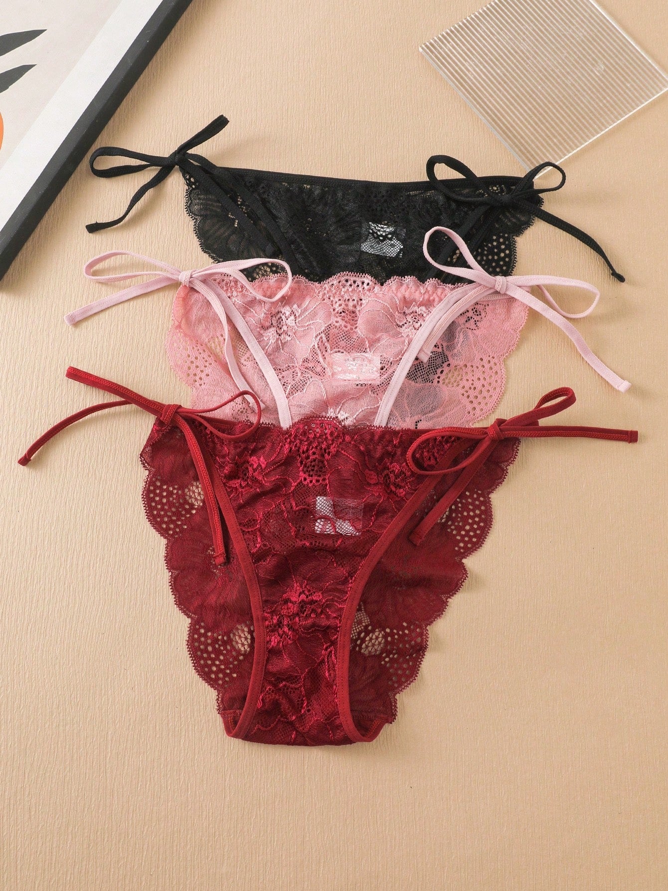 Basics 3pcs Women's Lace Thong Panties With Side Ties And Floral Details - Negative Apparel