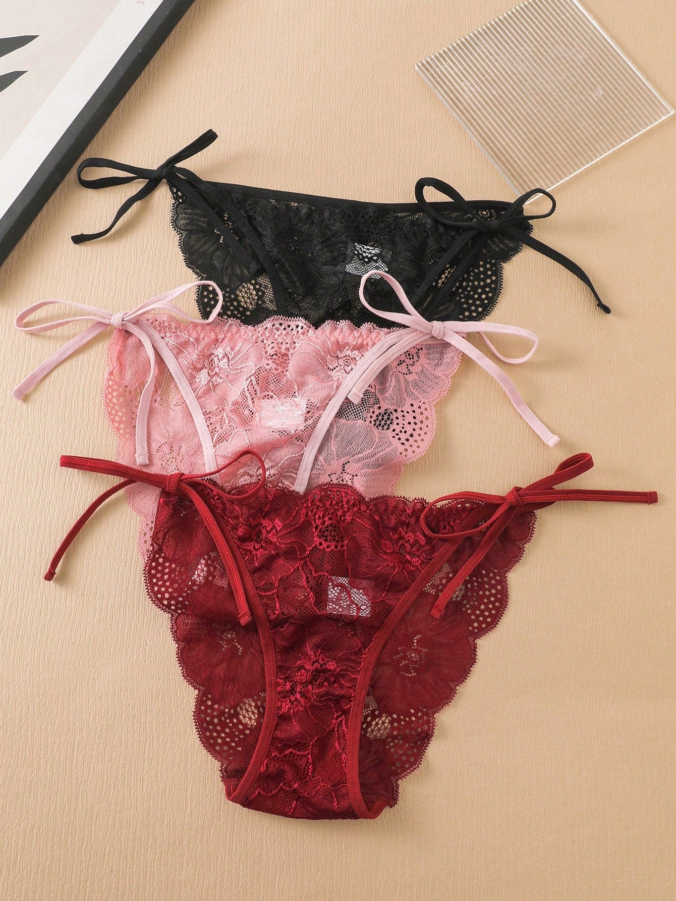 Basics 3pcs Women's Lace Thong Panties With Side Ties And Floral Details - Negative Apparel