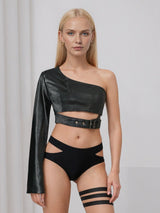 Black collarless shoulder PU leather jacket rock dance irregular short lingerie jacket - Negative Apparel