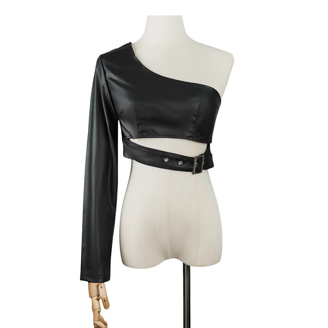 Black collarless shoulder PU leather jacket rock dance irregular short lingerie jacket - Negative Apparel