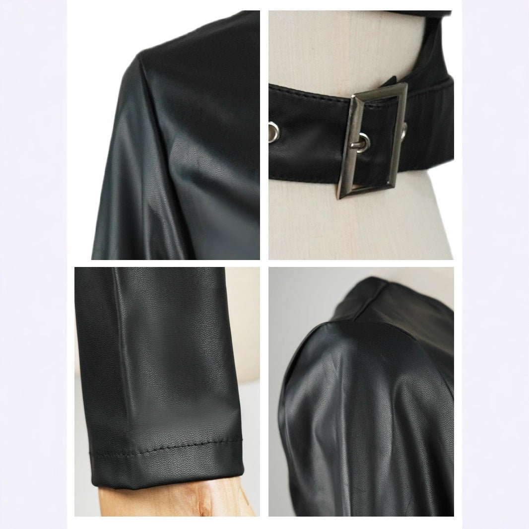 Black collarless shoulder PU leather jacket rock dance irregular short lingerie jacket - Negative Apparel