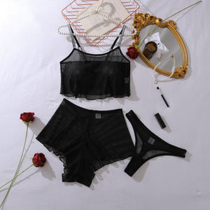 black mesh perspective light and thin comfortable slim sexy underwear split set - Negative Apparel