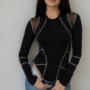Black onesie milk silk splicing mesh tight long - sleeved small sexy crew neck - Negative Apparel