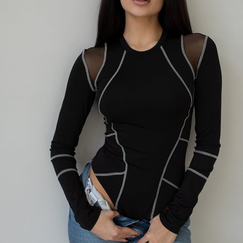 Black onesie milk silk splicing mesh tight long - sleeved small sexy crew neck - Negative Apparel