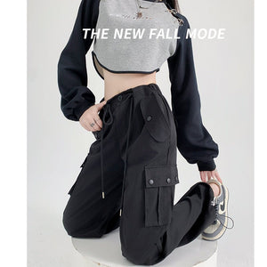 Black overalls women's pants women's spring and autumn high waist wide leg sweatpants slim casual straight sports pants - Negative Apparel