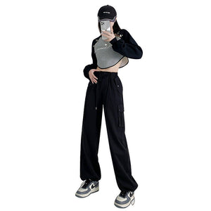 Black overalls women's pants women's spring and autumn high waist wide leg sweatpants slim casual straight sports pants - Negative Apparel