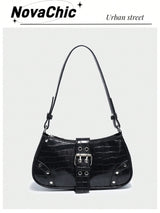 Black Pattern Single Shoulder Bag With Rivet Buckle & Decorations - Negative Apparel