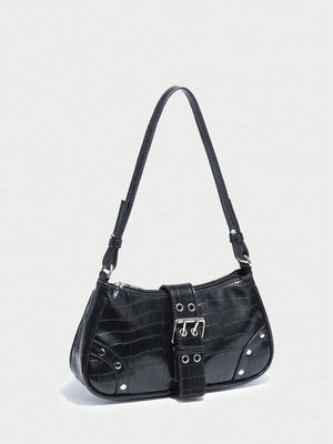 Black Pattern Single Shoulder Bag With Rivet Buckle & Decorations - Negative Apparel