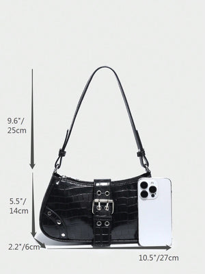 Black Pattern Single Shoulder Bag With Rivet Buckle & Decorations - Negative Apparel