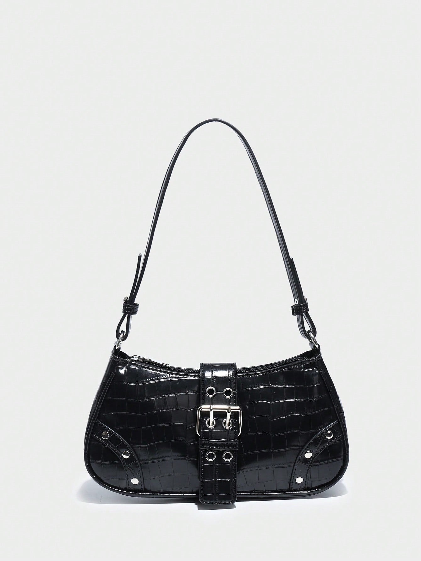 Black Pattern Single Shoulder Bag With Rivet Buckle & Decorations - Negative Apparel