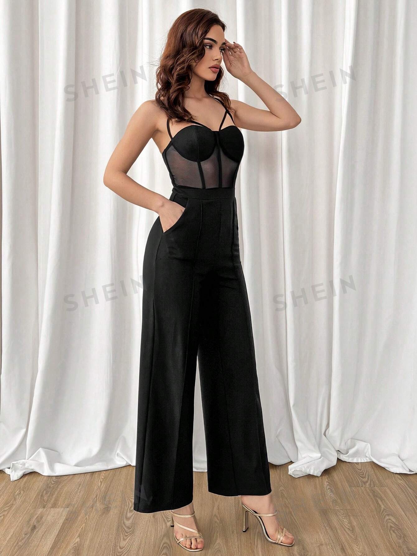 Black Splicing Mesh Corset Spaghetti Strap Jumpsuit - Negative Apparel