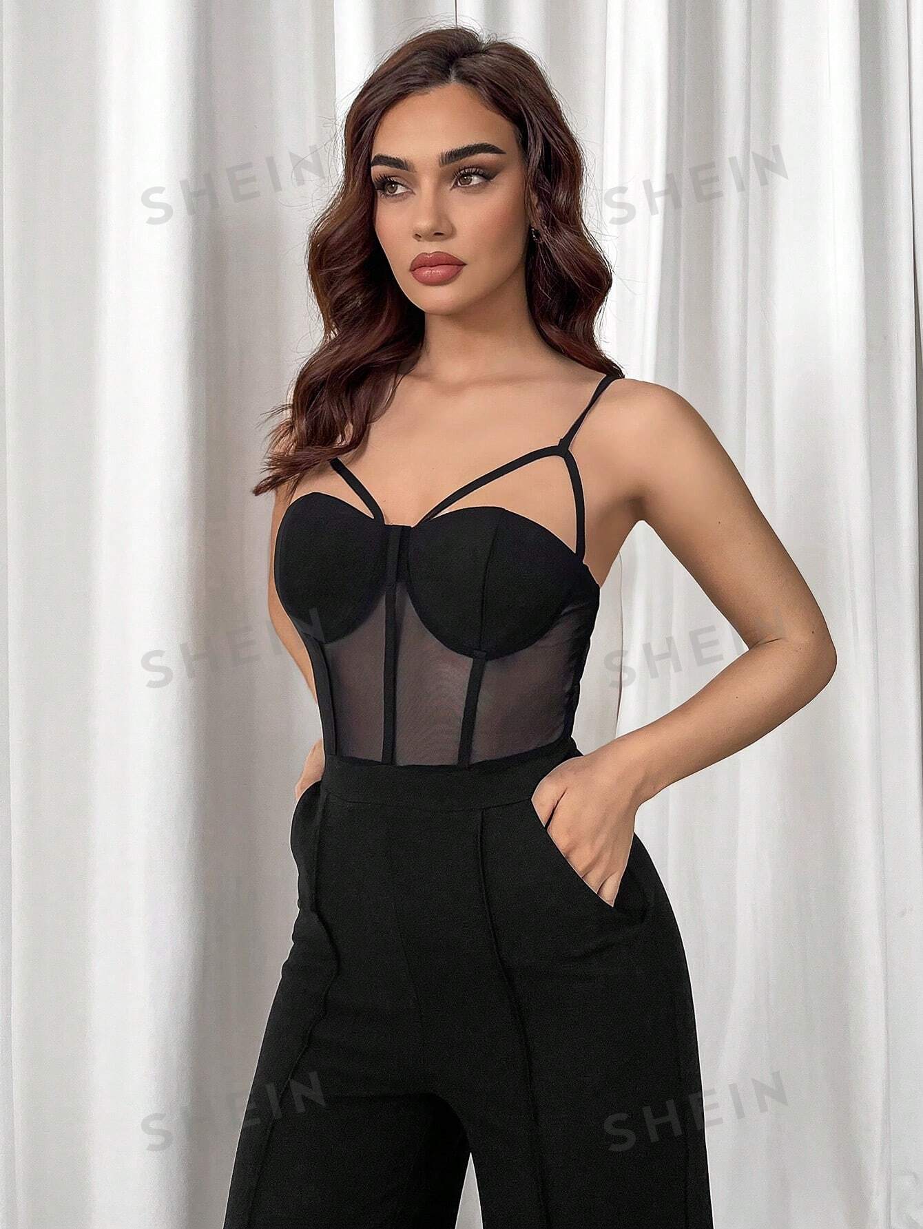 Black Splicing Mesh Corset Spaghetti Strap Jumpsuit - Negative Apparel