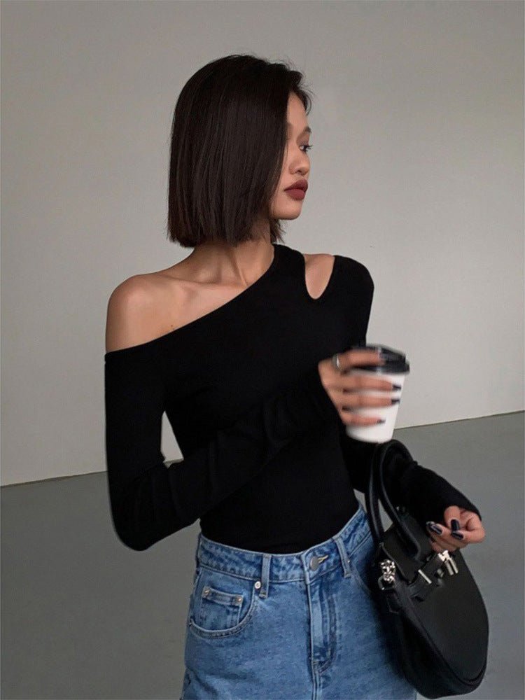 Black sxy one - shoulder off - shoulder bottoming shirt for women, all - match long - sleeved T-shirt, tight - fitting inner strapless clavicle top - Negative Apparel