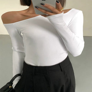 Black sxy one - shoulder off - shoulder bottoming shirt for women, all - match long - sleeved T-shirt, tight - fitting inner strapless clavicle top - Negative Apparel