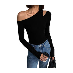 Black sxy one - shoulder off - shoulder bottoming shirt for women, all - match long - sleeved T-shirt, tight - fitting inner strapless clavicle top - Negative Apparel