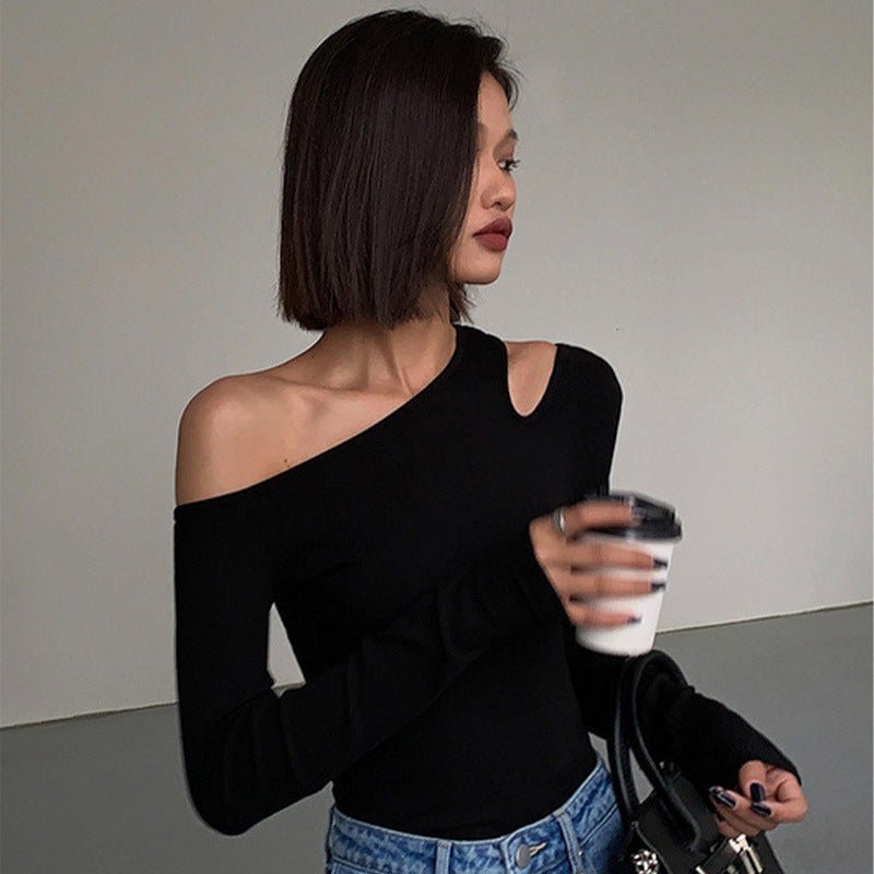 Black sxy one - shoulder off - shoulder bottoming shirt for women, all - match long - sleeved T-shirt, tight - fitting inner strapless clavicle top - Negative Apparel