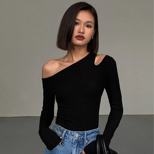 Black sxy one - shoulder off - shoulder bottoming shirt for women, all - match long - sleeved T-shirt, tight - fitting inner strapless clavicle top - Negative Apparel