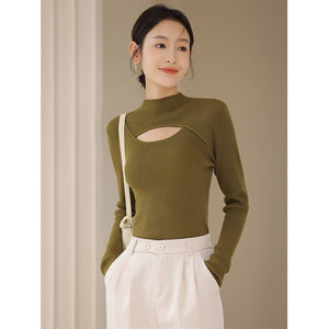 Bottom shirt women's 2022 autumn and winter new design sense medium collar inside with foreign style semi - turtleneck knitted sweater upper and outer dressing - Negative Apparel