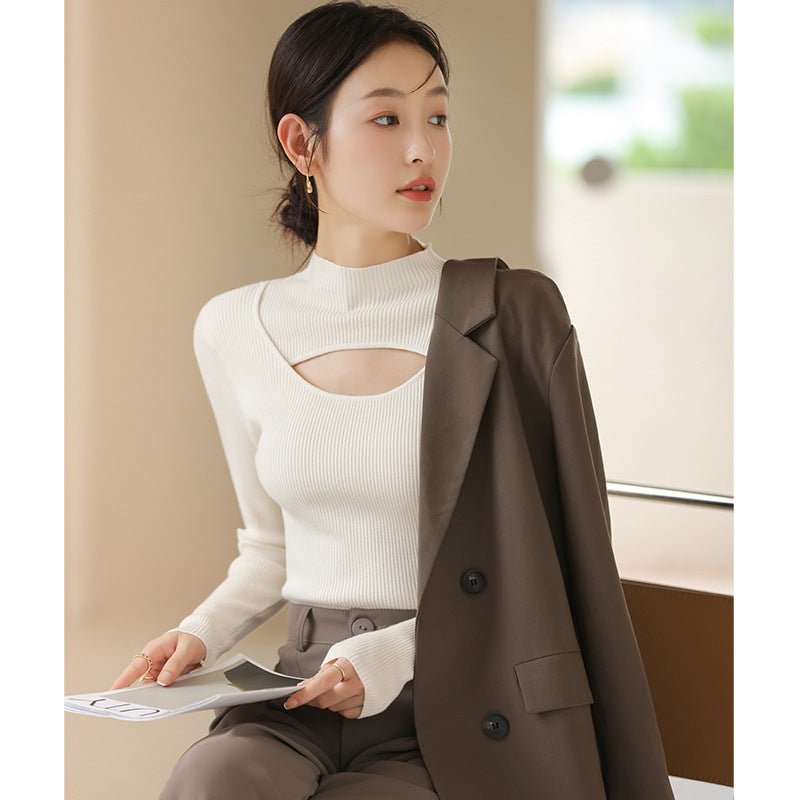 Bottom shirt women's 2022 autumn and winter new design sense medium collar inside with foreign style semi - turtleneck knitted sweater upper and outer dressing - Negative Apparel