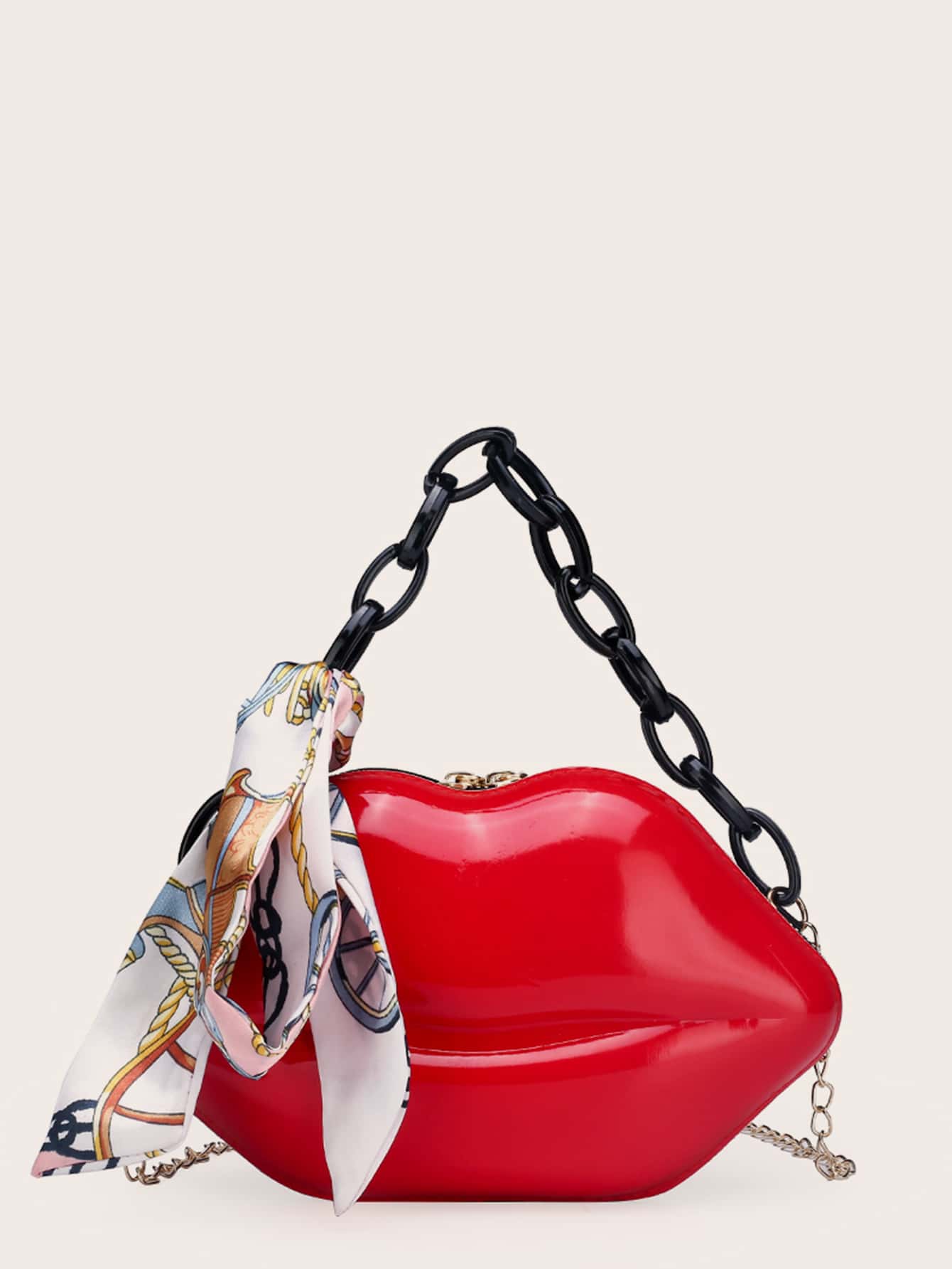 Bow Decor Skinny Scarf Decor Lip Shaped Satchel Bag - Negative Apparel