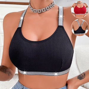 Bra with thin buckles and detachable French triangle cups, halter neck and silver ribbon, large backless gathered bra underwear - Negative Apparel