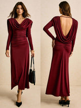Burgundy Draped Cowl - Neck Ruched Maxi Dress FD - Negative Apparel