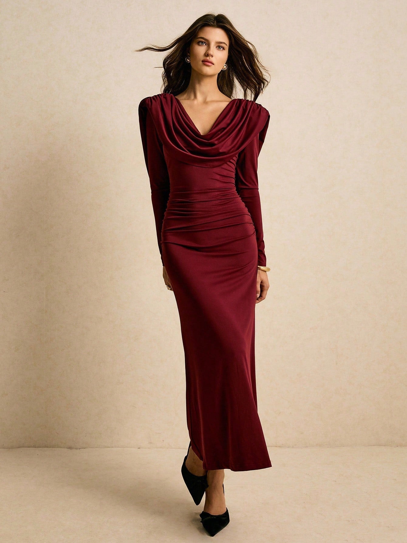 Burgundy Draped Cowl - Neck Ruched Maxi Dress FD - Negative Apparel