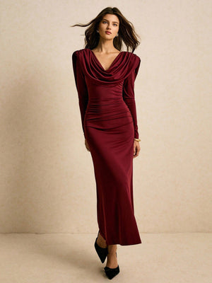 Burgundy Draped Cowl - Neck Ruched Maxi Dress FD - Negative Apparel