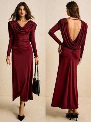 Burgundy Draped Cowl - Neck Ruched Maxi Dress FD - Negative Apparel