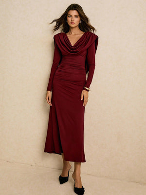 Burgundy Draped Cowl - Neck Ruched Maxi Dress FD - Negative Apparel